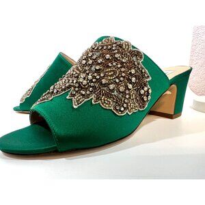 L.K. Bennett Sabrina Green Satin Mules With Embellished Detailing Size 37